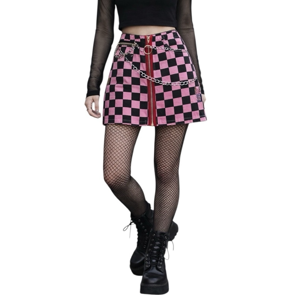 Y2K Pink Checkerboard Denim Mini Skirt Ring Zip Punk Indie Sleaze Street Style - Picture 8 of 11